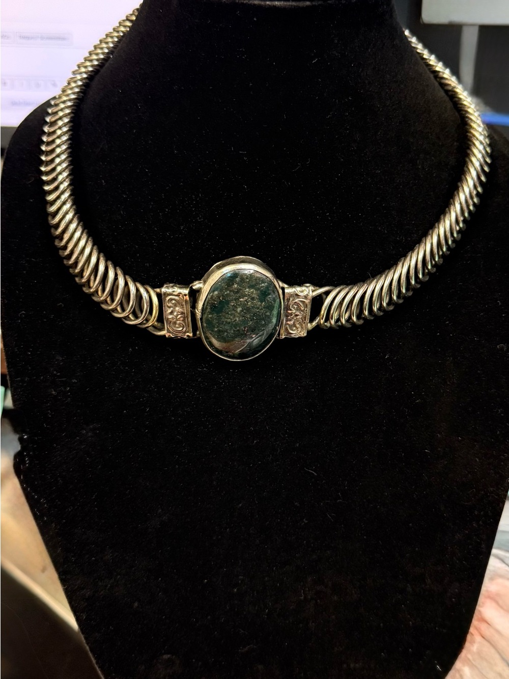 Vintage  Coiled Silver Choker w/ Dark Green Cabochon Gemstone